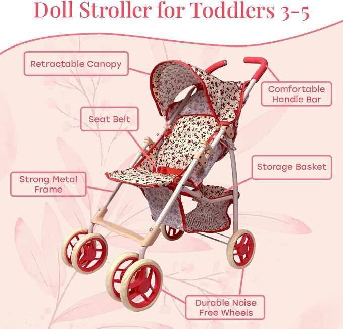 Baby Doll Stroller for Toddler Girls & Big Kids up to 8 Years Old | 28” Baby Stroller for Dolls, Toy Baby Stroller with Cute Coral Floral Print, Mesh Storage Basket, Canopy, Handle Grips, Rubber Tires
