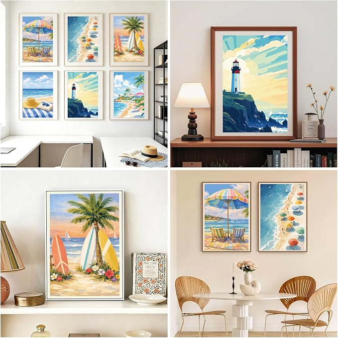 FLUXOJOY 6 Pack Painting by Number Kits for Adult, DIY Canvas Color Painting Kit for Kids or Beginner with Paint Brushes Acrylic Pigment Drawing Paintwork 20x30cm Without Frame (Sea Holiday-6 Pack)