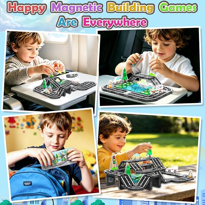 Road Mini Magnetic Tiles with Case Travel Toys for 3+ Year Old Boys Girls