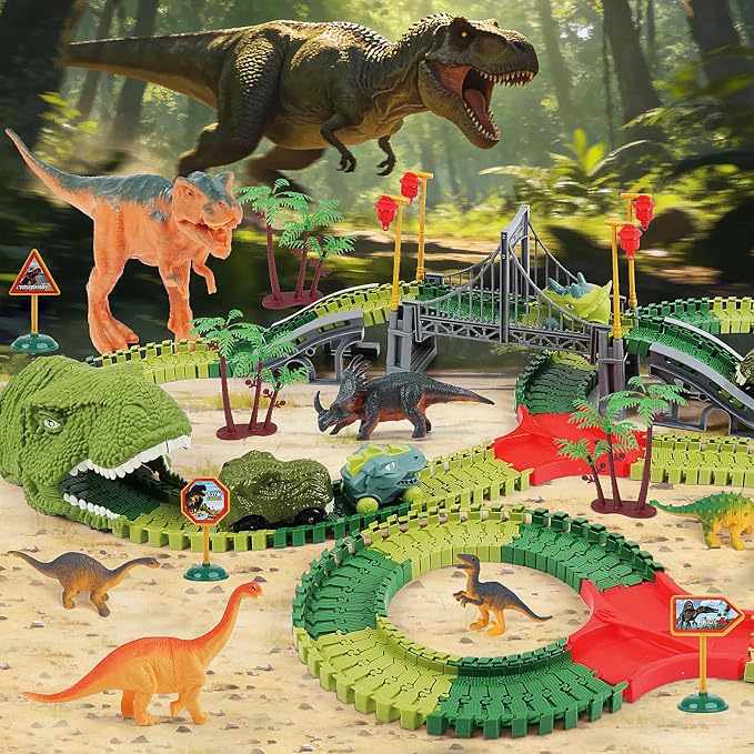 FUNBUD Dinosaur Race Track Toys for Kids - Birthday Gifts for Boys Age 3 4 5 6 7 Year Old, Flexible Race Cars Track Playset with Lights, 280+ PCS Creative