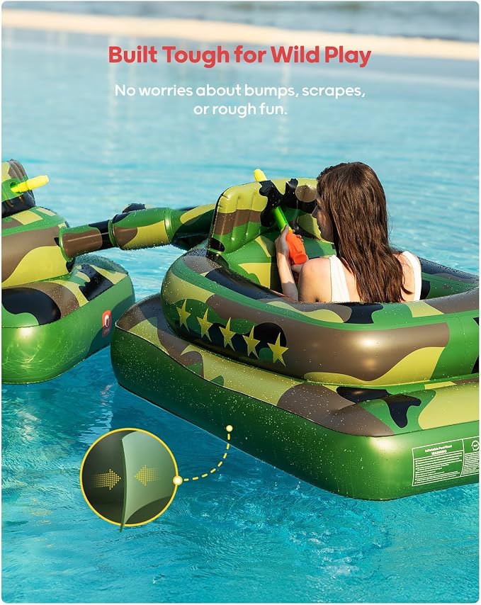QPAU Inflatable Tank Pool Float for Adults & Kids – Ride-On Camouflage Floaty with Water Cannon, Swim Raft Toy for Boys Girls, Lake Beach Backyard Party Floaties