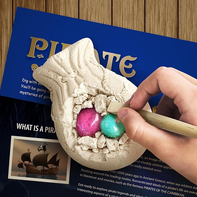 Pirate Treasure Dig Kit - 5-in-1 Skeleton Skull & Gold Brick Excavation Science Kit, Archaeology Stem Educational Toys with Gems, Pirate Statue, Coins, Toy Gift for Kids Boys Girls Age 6+