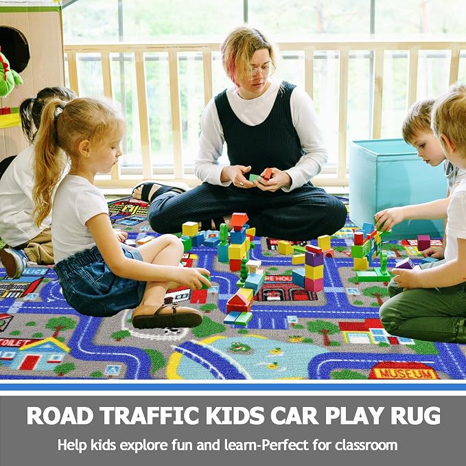 Capslpad Blue Car Road Kid Rug Carpet Playmat for Playoom Traffic Road Kids Play Mat for Toddler Non Slip Washable City Map Race Track Carpet Rug for Kids Room Bedroom Nursery Room Decor,6.6'x6.6'