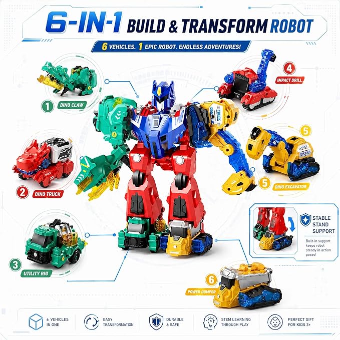 Magnetic Dinosaur Transforming Robot Toys, 6-in-1 Dino Construction Trucks for Kids, Magnetic Car Toys for Boys Girls Age 3 4 5 6 7 8, STEM Educational Christmas Building Gift