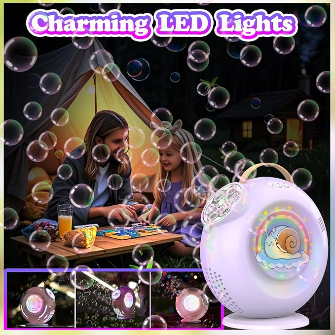 Rechargeable Bubble Machine - 15000+ Bubbles/min - 90°/360° Rotatable LED Blower for Kids Parties (Twilight Purple)