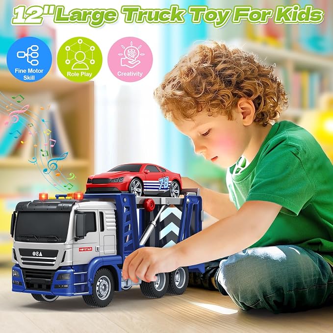 SpringFlower 3 4 5 6 7 8 Years Old Boys Truck Toy, Transport Cars Carrier Truck with Racing Car, Toddler Boy Vehicle Toy with Lights Sounds, Boys Girls Christmas Birthday Gifts