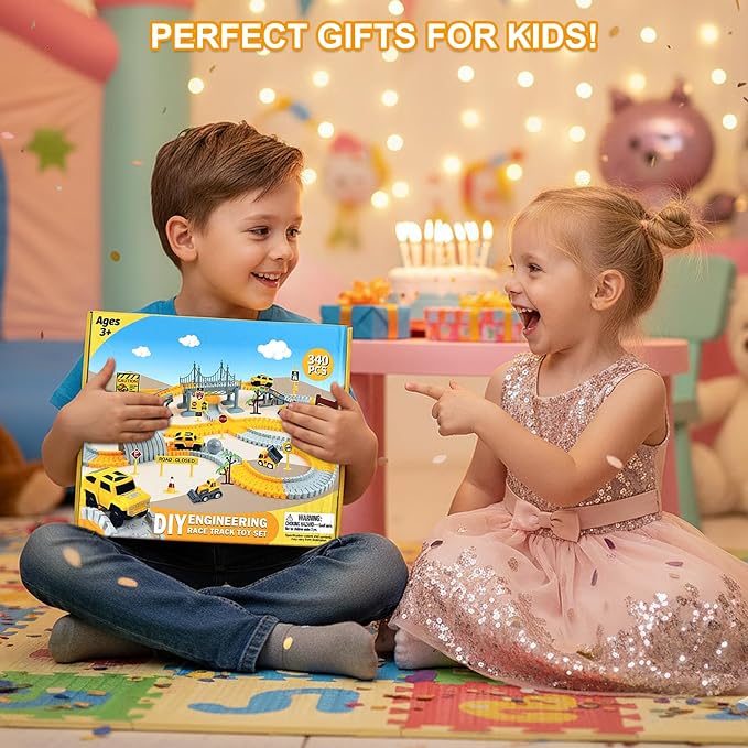 Construction Race Tracks Toys for Kids - 330+ PCS Track Play Set with Cars and Construction Trucks, Best Birthday Gifts for 3 4 5 6 7 Year Old Boys, Flexible DIY Engineering Building Set