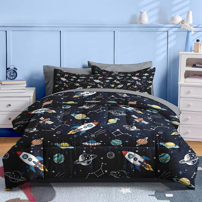 Nesker Comforter Set Queen Size, Space Moon Universe 7 Pcs Bedding for Kids Teens, Rockets Planets Starswith Fitted Sheet 2 Pillowcases & 2 Shams for Bedroom Bed Decor