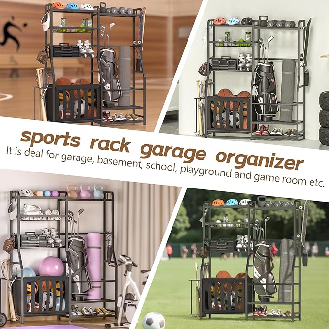 Faesun Garage Sports Equipment Organizer, Golf Bag Storage Rack, Heavy Duty Ball Holder with Basket & Hooks, Indoor/Outdoor Basketball Storage Bins for Toy Sports Gear Storage