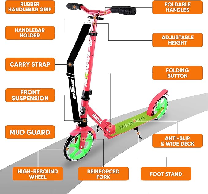 Hurtle Renegade Kick Scooter for Kids, Teenagers & Adults - 2-Wheel Folding Scooter with Adjustable T-Bar Handlebar - Alloy Anti-Slip Deck