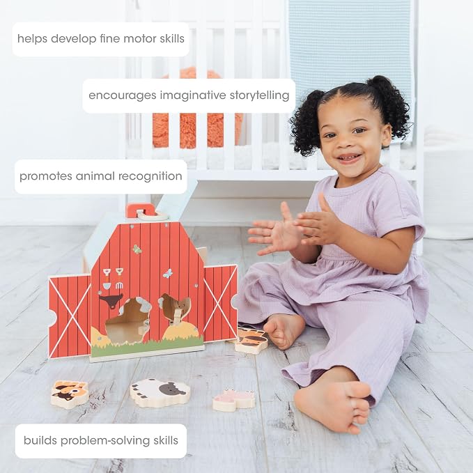 Pearhead Farm Animal Shape Sorter – Wooden Barn with 6 Chunky Animal Blocks, FSC-Certified, Flip-Up Roof & Carrying Handle, Montessori Pretend Play Toy for Boys and Girls, 2 3 4 Year Old