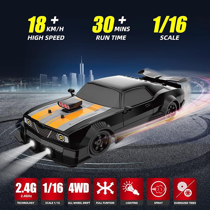 RC Drift Car 2.4GHz 1:16 Scale 4WD High Speed Remote Control Cars Vehicle with LED Lights Two Batteries and Drifting Tires Racing Sport Toy Cars for Adults Boys Girls Kids