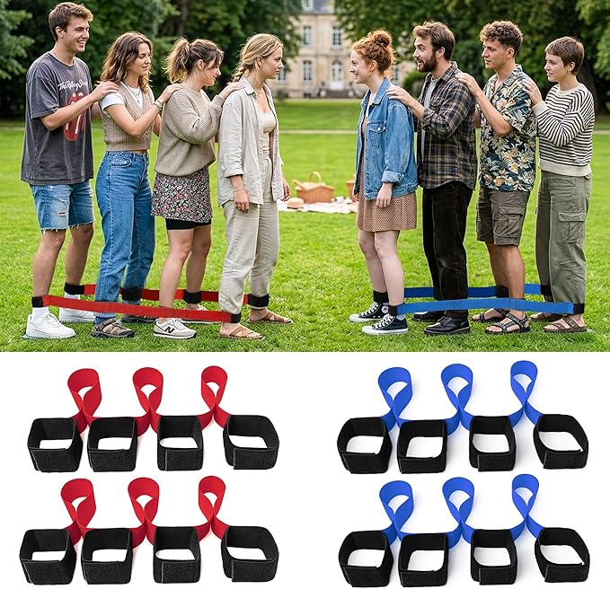 3 Legged Race Bands, Field Day Games for Adults, Outdoor Games for Carnival, Family Reunion & Backyard Party,Team Building Relay Race for 4 Players (2pk, Blue & Red)