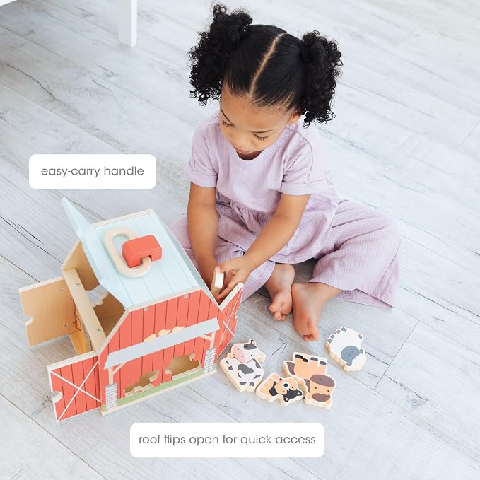 Pearhead Farm Animal Shape Sorter – Wooden Barn with 6 Chunky Animal Blocks, FSC-Certified, Flip-Up Roof & Carrying Handle, Montessori Pretend Play Toy for Boys and Girls, 2 3 4 Year Old