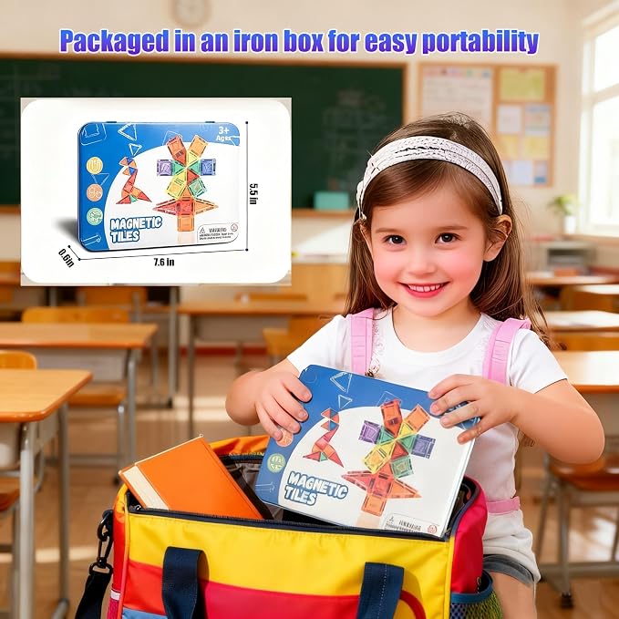 36PCS Mini Travel Magnetic Tiles Set with Iron Box, Portable STEM Building Blocks for Kids Ages 3-8, Educational Construction Toy, Learning Travel Gifts for Boys & Girls