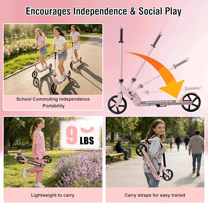 Scooter for Age 6+, Folding Kick Scooters for Kids 8-12,Teens, Adults up to 250Lbs,3 Adjustable Heights, Rear Brake, Wide Antislip Deck, Lightweight Scooter for Boys Girls