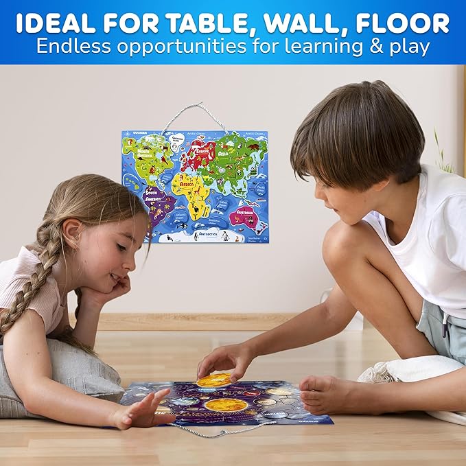 QUOKKA Magnetic Puzzles for Kids Ages 3-5 — 3 Educational Magnet Puzzles for Kids Ages 4-6 — Space, USA and World Map Learning Toys for Toddlers 2-4 — Learning United States Game for Children 6-8