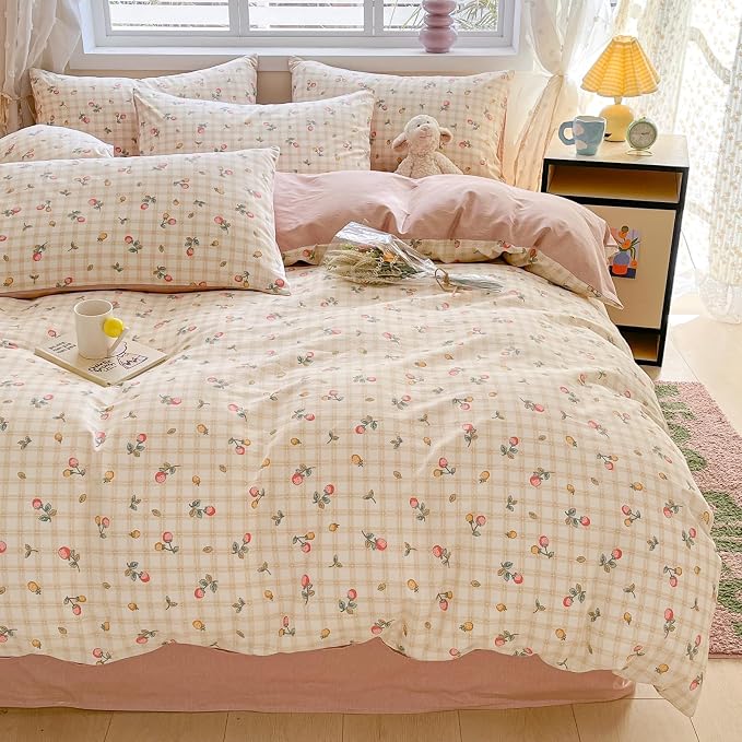 LIWHENHAO Strawberry Duvet Cover Set Queen 100% Cotton Bedding Red Yellow Fruit Floral Flower on Cream White 1 Plaid Grid Comforter Cover Full 2 Pillowcases for Kids Girls Boys Woman