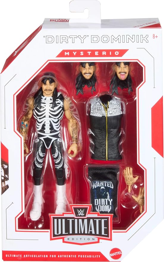 Mattel WWE Ultimate Edition Action Figure & Accessories Set, “Dirty” Dominik Mysterio 6-inch Collectible with Swappable Heads & Hands, 30 Articulation Points