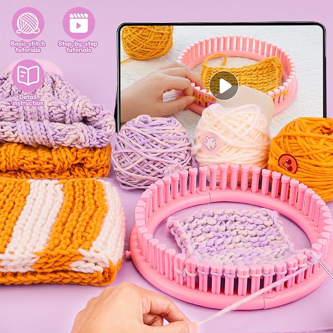 PREBOX Knitting Loom Craft Kit for Kids & Beginners - Create Hat & Scraf with Yarn, Hook Needle, Birthday Gifts Ideas for Teens Girls Age 6-8 8-12 14+, Pink Loom