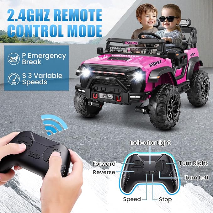 Hikole 24V Ride on Car with Remote Control, 2 Seater Electric Car for Kids w/20 Inch Wide Seat, 4x100W Motor, LED Headlight & Music Player, Power Car Wheels Ride on Toys for Boys Girls, Pink