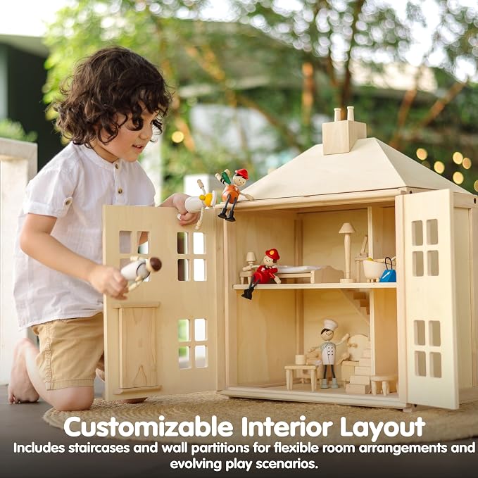 PlanToys® Wooden Georgian Dollhouse | 2-Storey House with Opening Door & Front Panels, Chimney & Staircases | Montessori Pretend Play House Compatible with 1:12 Scale Furniture & Wooden Dolls