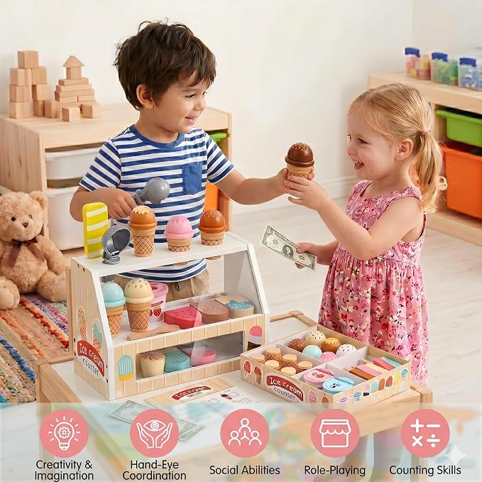WHOHOLL Wooden Ice Cream Toys Kids Play Store Pretend Toy for Toddlers, Play Kitchen Accessories with Scoop, Menu, Ice Cream Play Set Birthday for 3 4 5 6 Year Old Girls Boys