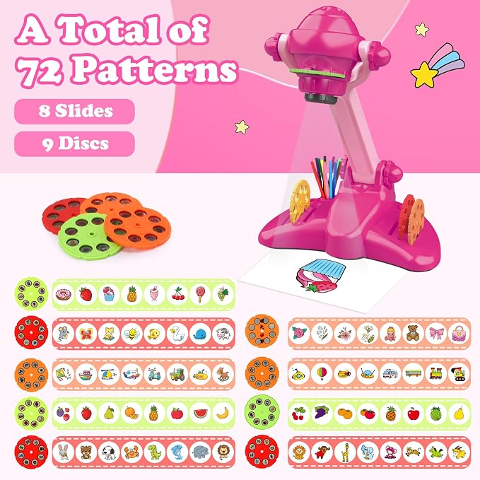 Sumsoltic Drawing Projector for Kids, Art and Craft Kit,Including Colored Pencils, Crayons, Coloring Books, Toys for 3+ Year Old Girls (Pink Drawing Kit v2)