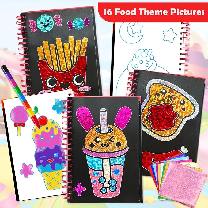FUNNYB&G Foil Art Craft Kit for Girls 4-10 Years Old: Mess-Free & No-Glue, Create 16 Sparkly Food Pictures – Perfect Travel Toy & Birthday Gift for Kids (Food)