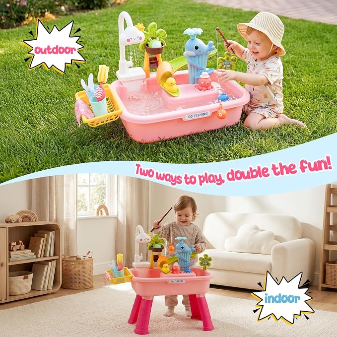 Upgraded Toddler Sand Water Table Toy with Electric Water Pump, 4-in-1 Kids Outdoor Play Center with Faucet Play Food Fishing Game, Kitchen Play Sink Toys for Boys Girls Age 3+ (Pink)