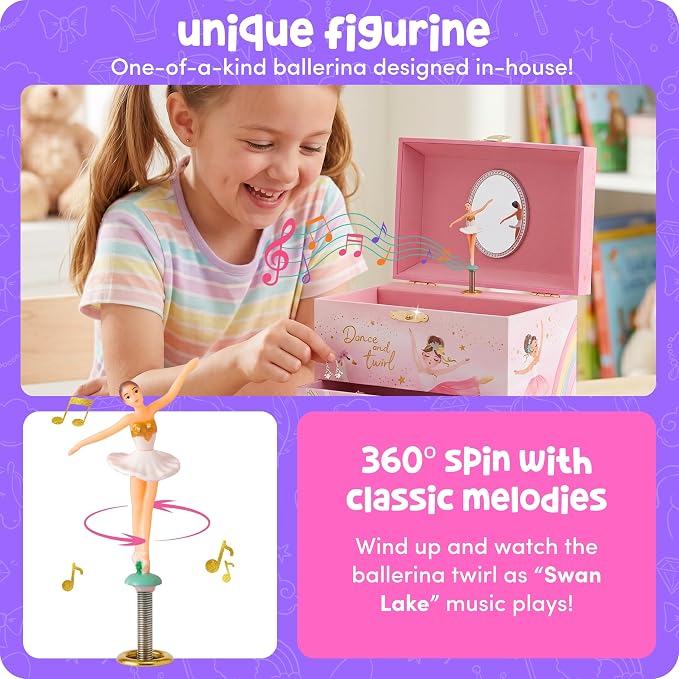 Giggle & Honey Musical Ballerina Jewelry Box for Girls - Kids Music Box with Spinning Ballerina, Ballet Birthday Gifts for Little Girls, Jewelry Boxes, 6.8 x 5.3 x 6 in - Ages 3-10, Pink