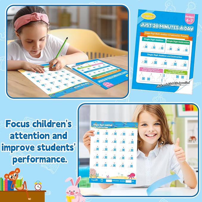 Addition and Subtraction Practice Worksheets Single Digit Math Problem Workbook for Pre-Kindergarten, Kindergarten, and 1st Grade Students for Ages 3-7, 56 Pages Front and Back, 5 Question Types