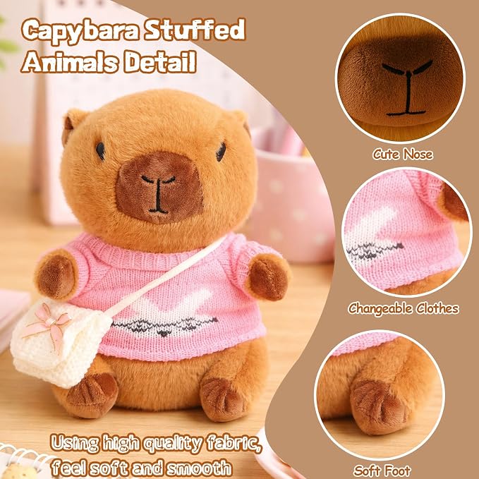 10.2" Brown Capybara Plush Toy with 9 Clothes and Accessories Super Soft Capybara Stuffed Animal for Kids Girls Boys (Pink Capybara)