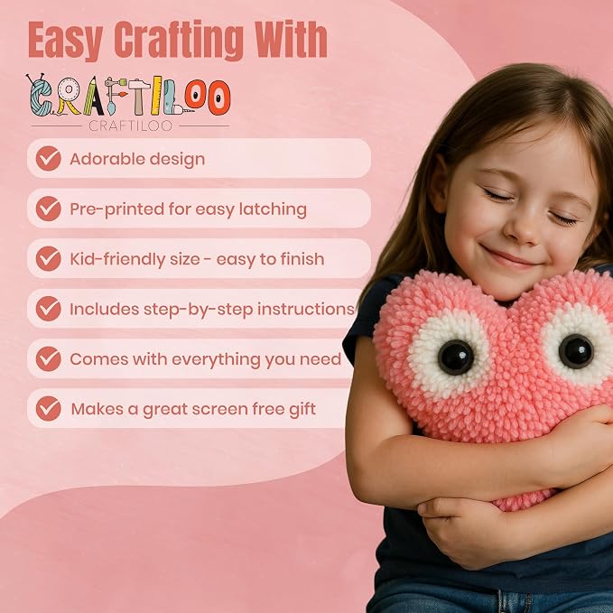 CRAFTILOO Latch Hook Kit for Kids Rug DIY Pillow Craft with Hook, Precut Yarn, Easy to Follow Pattern Cute Designs with Googley Eyes Heart Ages 6+