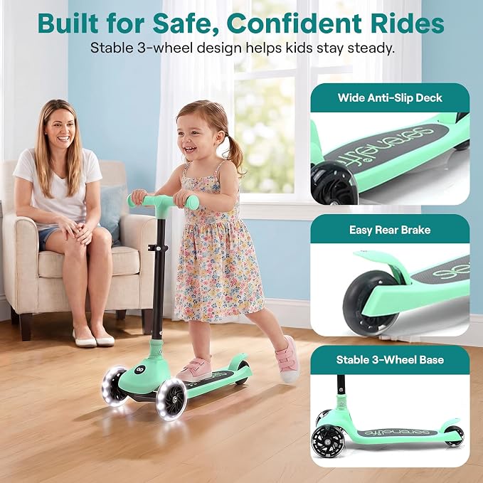 SereneLife Toddler Scooter, Adjustable Micro Scooter for Ages 2-5, Lightweight Kids 3 Wheel Design with LED Light-Up Wheels, Anti-Slip Deck & Lean-to-Steer Control, Indoor/Outdoor Use (Mint Green)