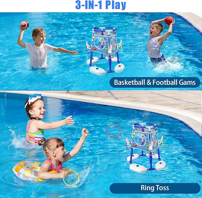 Pool Basketball Hoop 3-in-1 Basketball Football Ring Toss Games Pool Toys with 5 Balls, Floating Basketball Hoop for Pool for Kids & Adults Indoor Outdoor