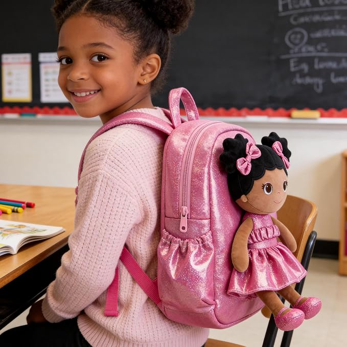 Lazada Toddler Backpack - Baby Girl Gifts Curly Fingerprints Plush Doll Dress Backpack - Fashion Girls Curly Rolled Fingerprints Series - Rose Red 11 Inches