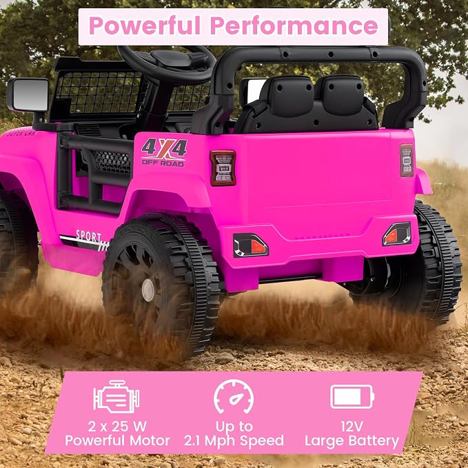 OLAKIDS 12V Ride On Truck, Battery Powered Electric Vehicle for Kids with Remote Control, Foldable Reflective Mirror, Spring Suspension, Music, LED Lights, Ride on Toy for 3+ Boys Girls (Pink)