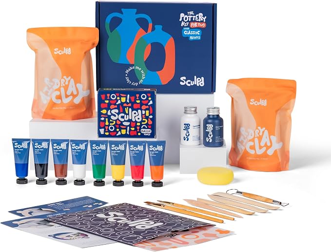 Sculpd - The Original Pottery Kit for Adults - Air Dry Clay for Adults, Tools, Varnish, Paints, Brushes, Couples Date Night Arts & Crafts Set, Gloss Varnish with Classic Tones