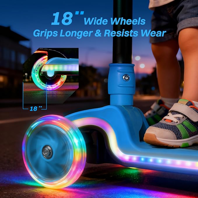 JOVA ZIFFY Light-Up Toddler Scooters for Kids 3-8, 3 Wheel Kids Scooter for Boy Girl 110lbs, 20 Dynamic LED Lights, 4 Adjustable Height Ride-on Kick Scooter, Lean-to-Steer Anti-Slip Wide Deck