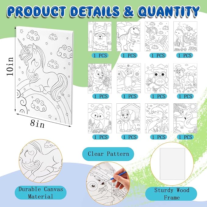Ireer 84 Pcs 12 Sets Paint Party Kits Animal Pre Drawn Canvas, Wooden Easel, Paintbrushes, Palette, Acrylic Paints and Aprons, Pre Drawn Canvas to Paint for DIY Birthday Party Gift(8 x 10 Inches)