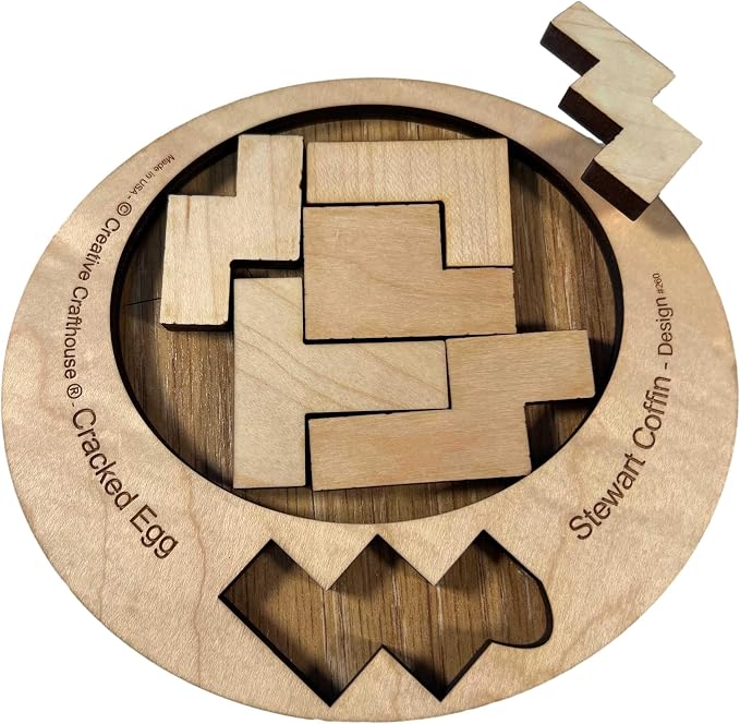 Creative Crafthouse Cracked Egg Wood Brain Teaser Puzzle for Adults | Fit all 6 wood pieces into the egg-shaped opening. A level 8 of 10 Stewart Coffin dissection puzzle, made in the USA.