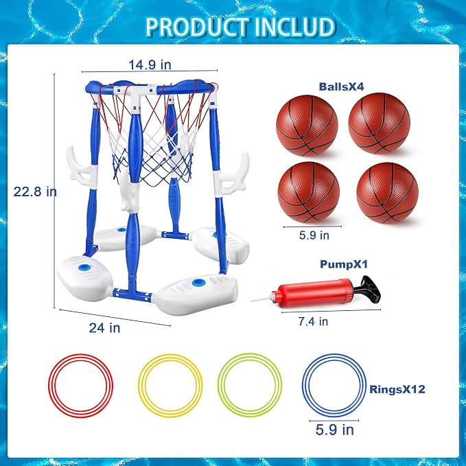 Pool Basketball Hoop, 2-in-1 Floating Basketball Hoop & Ring Games with 4 Balls 12 Rings and Pump, Outdoor Family Party Water Swimming Pool Basketball Float Toys for Kids Ages 4-8 8-12