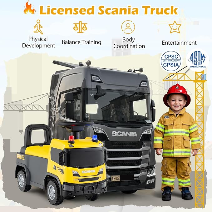Costzon Ride On Push Car, Licensed Scania Construction Vehicle for Toddlers with Horn, Music, Lights, Under Seat Storage, Foot-to-Floor Sliding Car, Kids Ride On Toys for Boys Girls 18+ Months