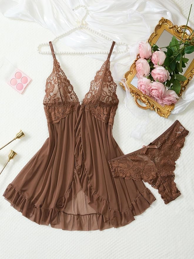 Foxiny Sexy Open Front V Neck Ruffle Sheer Mesh Lace Wireless Babydoll Lingerie Dress with Thong 2 Piece