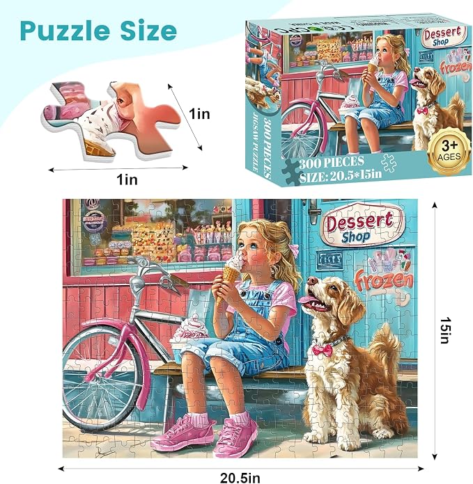 300 Pieces Ice Cream Puzzles for Adults - Puzzles for Kids Ages 6-8 8-10 10-12 - Large Piece Dog Jigsaw Puzzle - Dessert Shop Puzzle for Friends Family Activity Game Nights Gifts