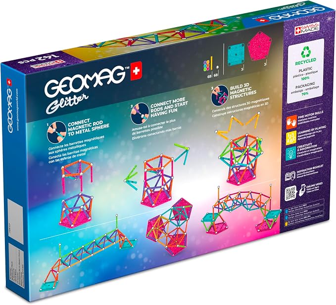 Geomag Classic Glitter 142-pc Magnetic Construction Set for Kids Ages 3 and Up | Swiss-Made STEM Educational Toy Made from 100% Recycled Plastic | Screen-Free Activity