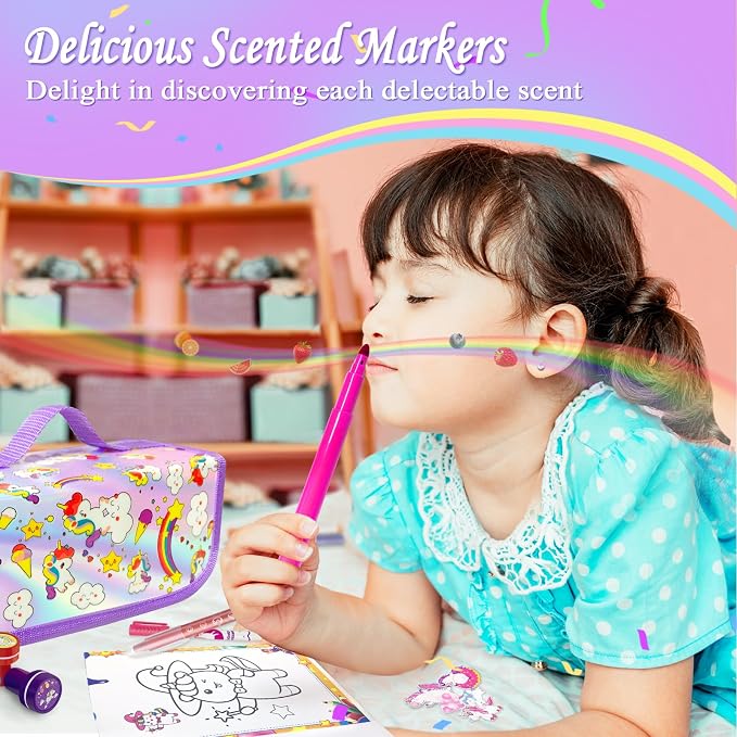weirtoya 56 PCS Washable Scented Markers with Glitter Pencil Case, Mermaid Unicorn Arts and Crafts for kids 4-6-8 Kids Coloring Drawing Kits for 4-8 Years Old Girls (Purple, 56)