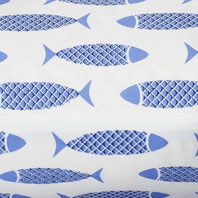 Nautica – Full Size Sheet Set, Crisp Cotton Percale Bedding with Matching Pillowcases, Lightweight & Breathable Bed Sheets, Deep Pocket, College Dorm Room Essentials (Woodblock Fish Blue)