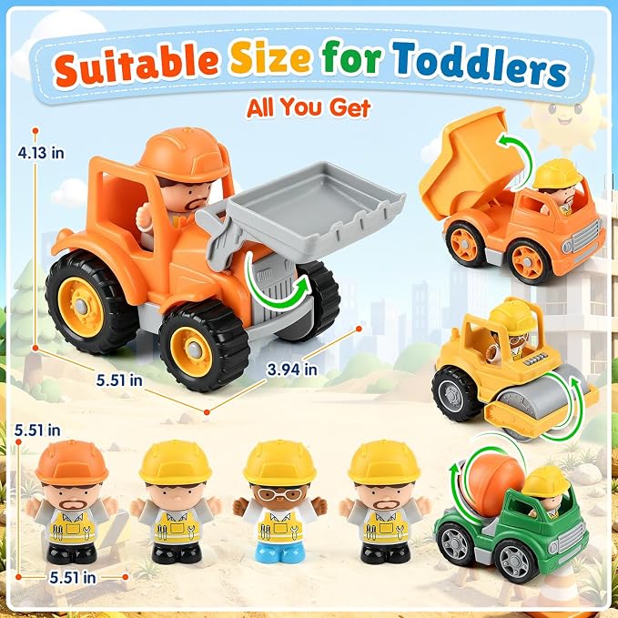 PLAY Recyclable 4 Pcs Construction Truck Toys with 4 Figures for Kids Ages 2 3 4 5 – Dump Truck Vehicle Toy Set, Non-Toxic Toy Car Gift for Toddler Boys and Girls